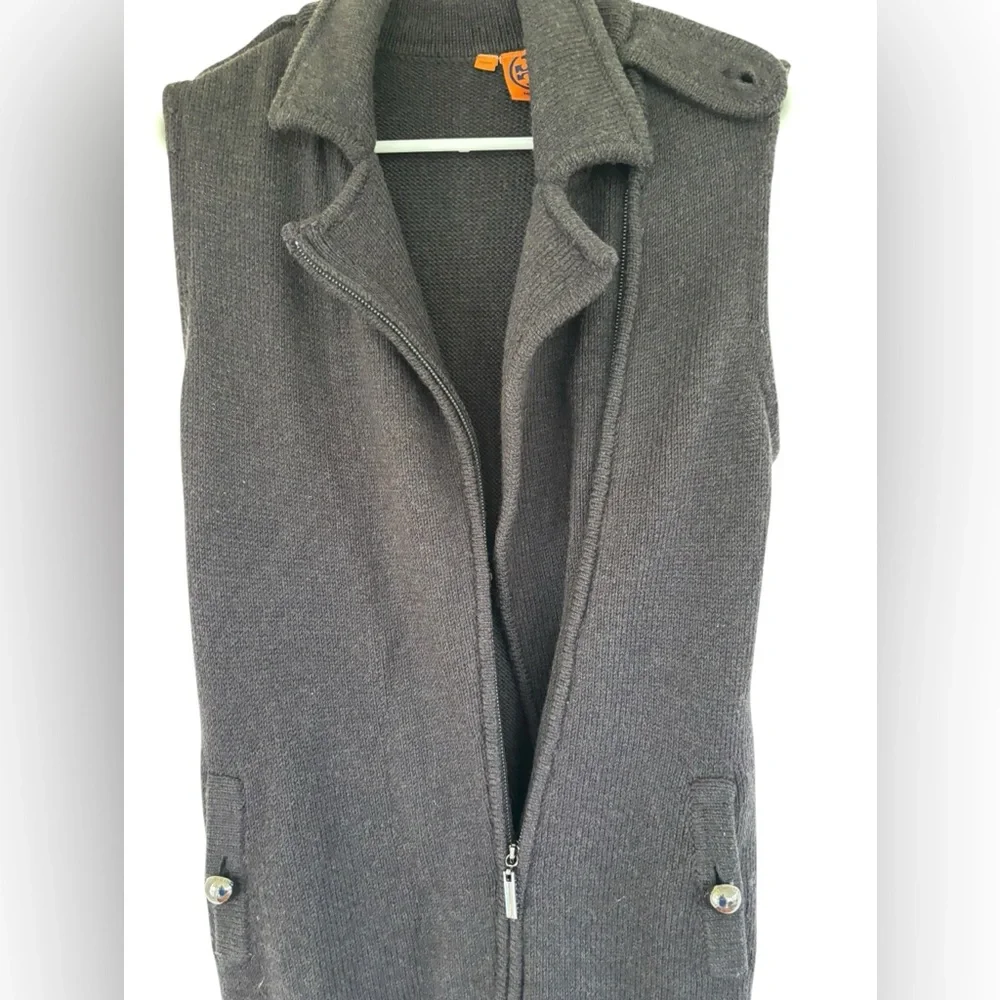 TORY BURCH Dark Gray Merino Wool‎ Belt Full Zip Sleeveless Sweater Jacket Vest M